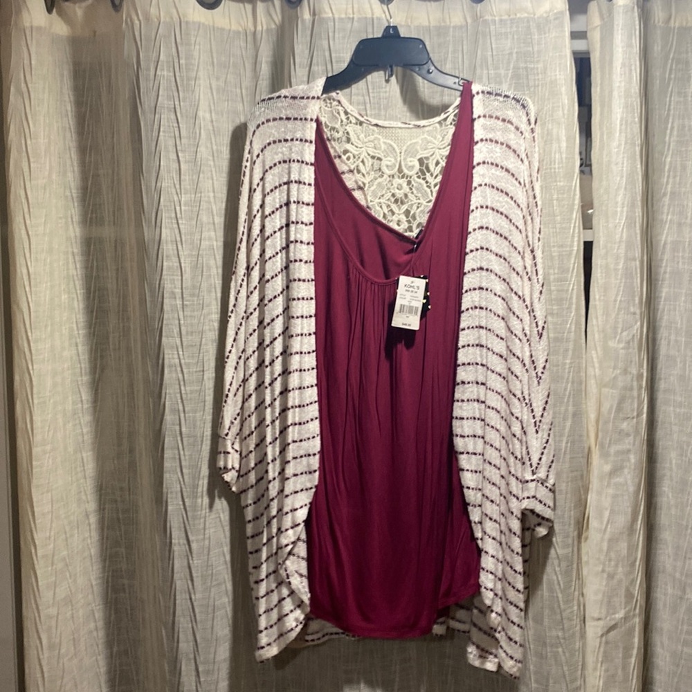 White and burgundy striped cardigan with burgundy tank top NWT